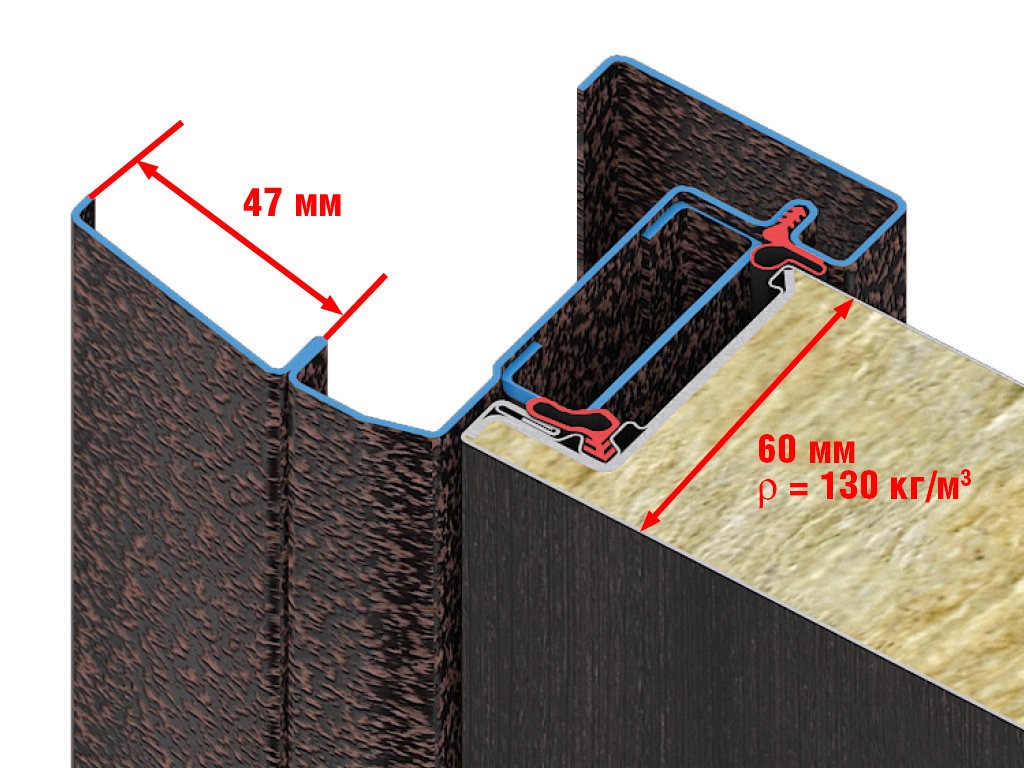 Высокопрочное полотно из оцинкованной холоднокатаной стали с заполнением из минераловатной плиты высокой плотности. Наличник позволяет скрыть неровности строительного проема.